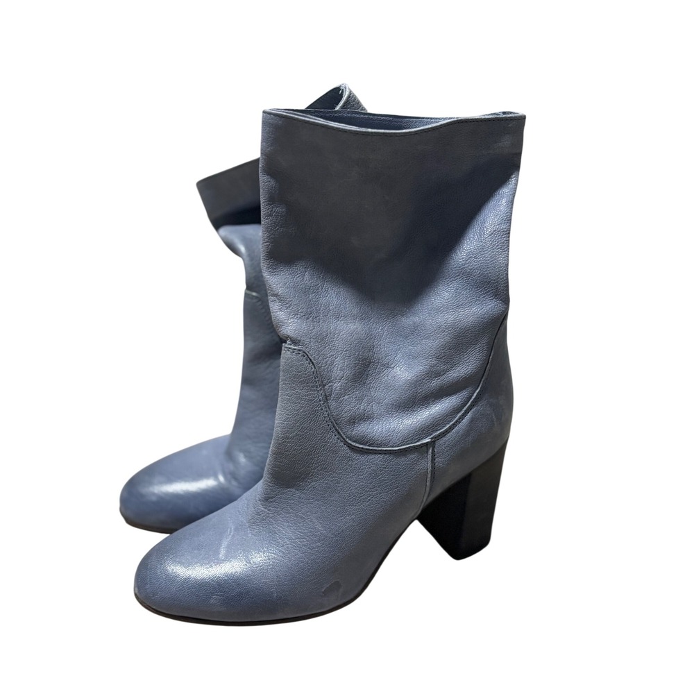 Free People Light Blue Leather Slouch‎ Booties Block Heel Made in Italy Size 36